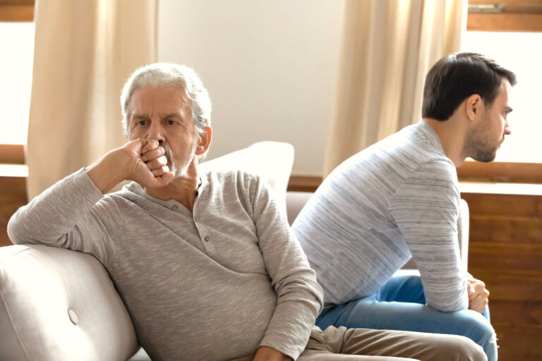 unhappy mature father and adult son not taking after quarrel